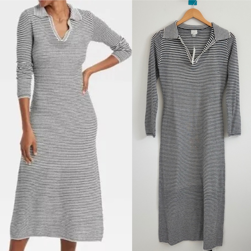 A New Day Women's Long Sleeve Maxi Sweater Dress black/cream striped NWT